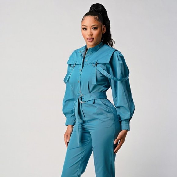 Teal Blue Belted Utility Jumpsuit - Picture 3 of 12